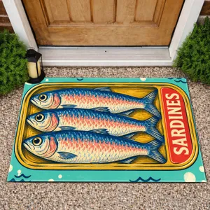 Vintage Sardine Tin With Three Fish for Coastal Kitchen Style and Seafood Lovers Doormat