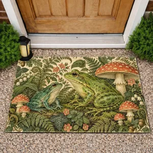Vintage Green Frogs and Mushrooms for Whimsical Woodland Entryway Home Charm Doormat