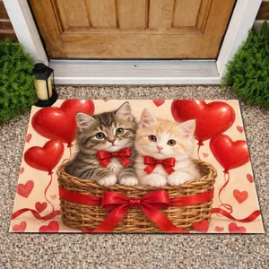 Two Cozy Kittens with Heart Balloons for Cat Lovers and Sweet Valentine Home Style Doormat