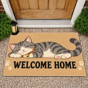 Sleepy Gray Cat Welcome Home Scene for Cozy Everyday Entryway Decor for Cat Lovers Doormat