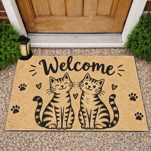 Two Playful Tabby Cats with Welcome Lettering for Cat Lovers and Pet-Friendly Homes Doormat