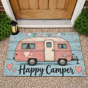 Pink Vintage Camper Van with Hearts for Road Trip Lovers and Pastoral RV Living Charm Doormat
