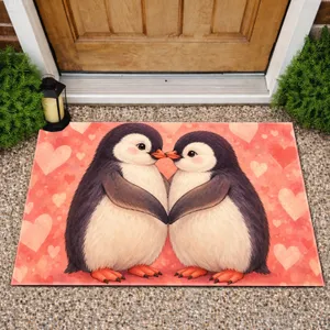 Pink Heart Penguin Couple for Romantic Valentine's Day Entryway Gifts for Couples Doormat