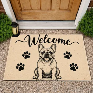 French Bulldog Welcome Lettering with Paw Prints for Dog Lovers and Cheerful Entryways Doormat