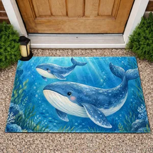 Blue Whale Pair Swimming Through Ocean Waves for Calm Coastal Living and Sea Life Lovers Doormat