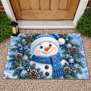 Blue Snowman Evergreen Wreath for Cozy Winter Holiday Entryway Seasonal Home Cheer Doormat