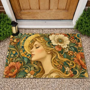 Golden Art Nouveau Woman with Floral Mosaic Details for a Warm, Artistic Home Welcome Doormat