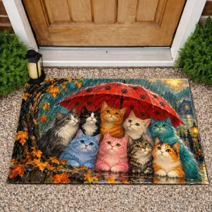 Nine Cozy Cats Beneath a Red Umbrella for Rainy Day Cat Lovers and Cozy Homes Doormat