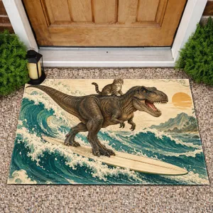 Dinosaur Surfing With Tabby Cat For Playful Coastal Home Entry And Beach House Style Doormat