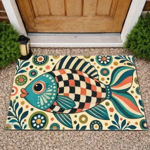 Colorful Folk Art Fish for Cheerful Coastal Home Entryway Style Doormat