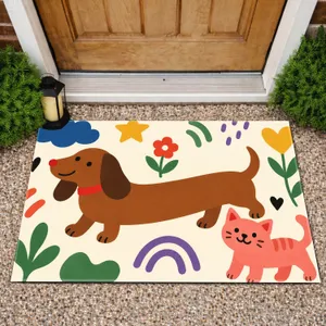 Playful Sausage Dog and Coral Kitty Cheerful Pet Lover Housewarming Gift Choice Doormat