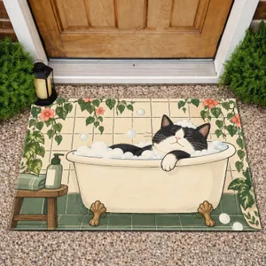 Black And White Cat Bath Scene For Cozy Pet Lover Home Decor Doormat