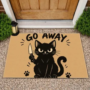 Black Cat Holding a Knife with Go Away Quote for Quirky Halloween Home Entryway Doormat