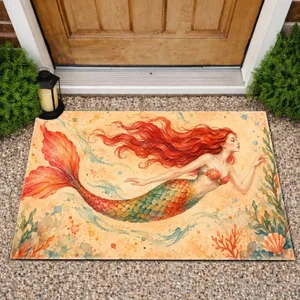 Red Haired Mermaid Swimming Through Ocean Colors for Coastal Home Decor and Sea Lovers Doormat