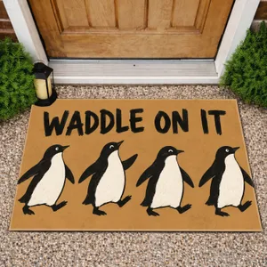 Penguin Parade Waddle On It Saying for Cheerful Winter Entryway and Bird Lovers Home Doormat