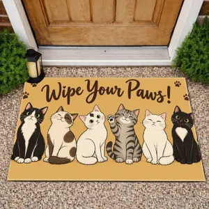 Six Cartoon Cats with Wipe Your Paws Message for Cat Lovers and Pet-Friendly Homes Doormat