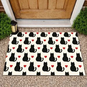 Black Cat Silhouettes With Red Hearts for Cozy Cat Lover Home Decor Doormat