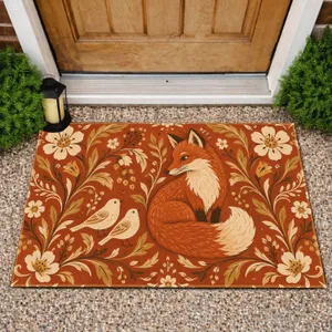 Rustic Folk Fox And Two Songbirds With Botanicals For Cozy Cottage Entryway Charm Doormat