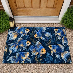 Vivid Blue Goldfish School for Serene Coastal Homes and Aquatic Nature Lovers at Home Doormat