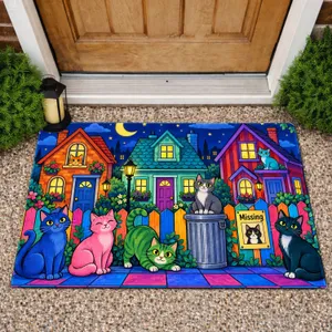 Colorful Cartoon Cats And Whimsical Houses For Playful Cat Lover Home Decorating Doormat