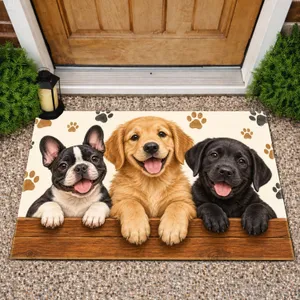 Three Playful Puppies With Paw Prints For A Cheerful Pet-Loving Home Entryway Accent Doormat