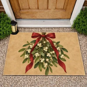 Red Ribbon Mistletoe Botanical for Cozy Christmas Entryway and Holiday Home Styling Doormat