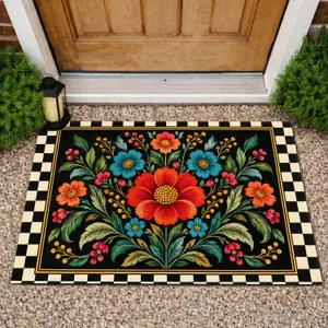 Vintage Floral Bouquet with Checkerboard Border for Eclectic Cottage Entryway Style Doormat