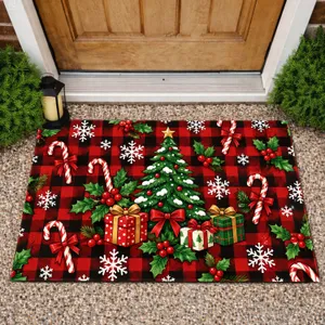 Red Plaid Christmas Holly, Candy Canes And Snowflakes For Cozy Winter Holiday Decor Doormat