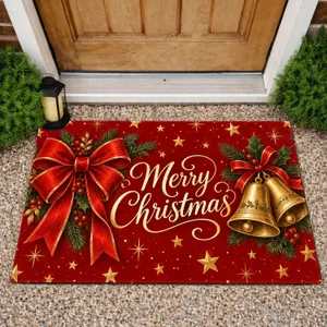 Merry Christmas Red Bow and Golden Bells for a Warm Festive Holiday Home Celebration Doormat