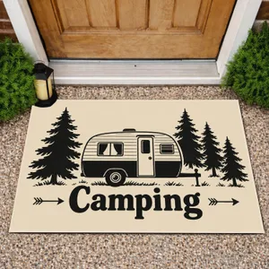 Camper Trailer and Pine Trees for Rustic Camping Trips, Cabins, and Outdoor Lovers Doormat
