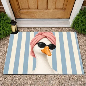 White Goose In Pink Towel Turban For A Playful Bathroom Spa Retreat Doormat