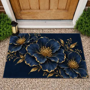 Navy Gold Floral Blooms for Elegant Bathroom Refresh and Relaxing Home Style Doormat