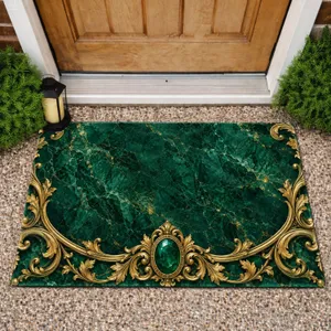 Emerald Marble And Ornate Gold Scrollwork For Refined Entryway And Garden Styling Doormat