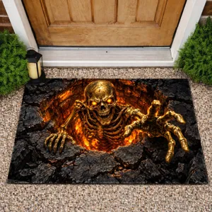 Glowing Golden Skeleton Emerging From Cracked Stone Well for Halloween Horror Fans Doormat