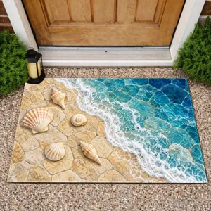 Coastal Sand And Ocean Wave With Seashells For Relaxed Beach House Entryway Decor Doormat