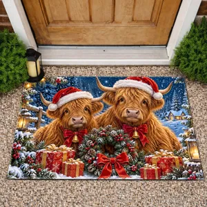 Two Highland Cows in Santa Hats for a Cozy Christmas Holiday Home Celebration Season Doormat