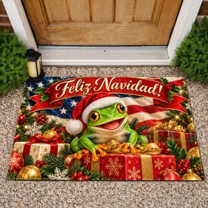 Santa-Hat Green Frog Christmas Scene With Gifts for Festive Holiday Home Decorating Doormat