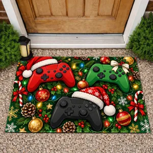 Christmas Gamer Controllers With Santa Hats for Holiday Gaming Room Decor Doormat