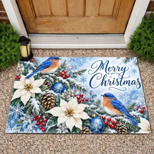 Bluebirds on Frosted Pine Branches for a Merry Christmas Holiday Celebration at Home Doormat