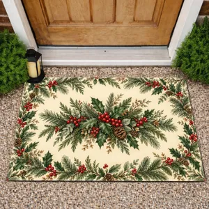 Vintage Holly Berry Pine Sprigs for Christmas Farmhouse Entryway Seasonal Style Doormat