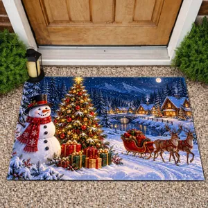 Snowman, Santa Sleigh, Reindeer & Cabin Christmas Scene for a Cozy Winter Holiday Home Doormat
