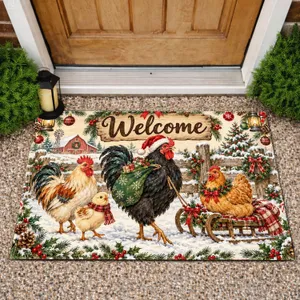 Christmas Rooster Chicken Family Scene for Festive Farmhouse Holiday Entryway Decor Doormat