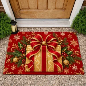 Red Gold Gift Bow and Holly Christmas Decor for Festive Holiday Homes Doormat
