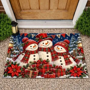Three Snowmen and Red Gifts for Cozy Christmas Winter Holiday Home Seasonal Cheer Doormat