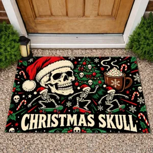 Santa Hat Skull and Skeletons for Spooky Christmas Celebrations and Holiday Home Style Doormat