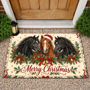 Three Christmas Horses with Holly, Santa Hat and Bows for Festive Holiday Homes Doormat