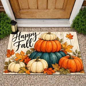 Colorful Pumpkin Stack and Maple Leaves for Cozy Autumn Thanksgiving Celebrations Doormat