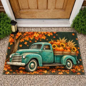 Vintage Teal Pickup Truck with Pumpkins for Cozy Autumn Harvest Seasonal Home Decor Doormat
