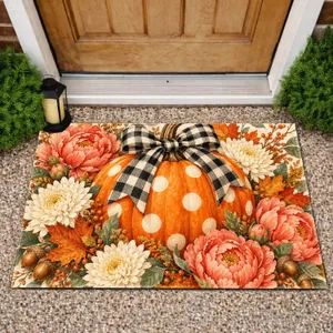 Polka Dot Pumpkin and Buffalo Plaid Bow and Peonies for Fall Thanksgiving Home Decor Doormat