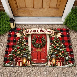 Red Door Christmas Wreath and Fir Trees for Rustic Farmhouse Holiday Home Entryway Doormat